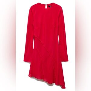 Mango Red Asymmetrical Ruched Bell Sleeve Dress size 6 EUC